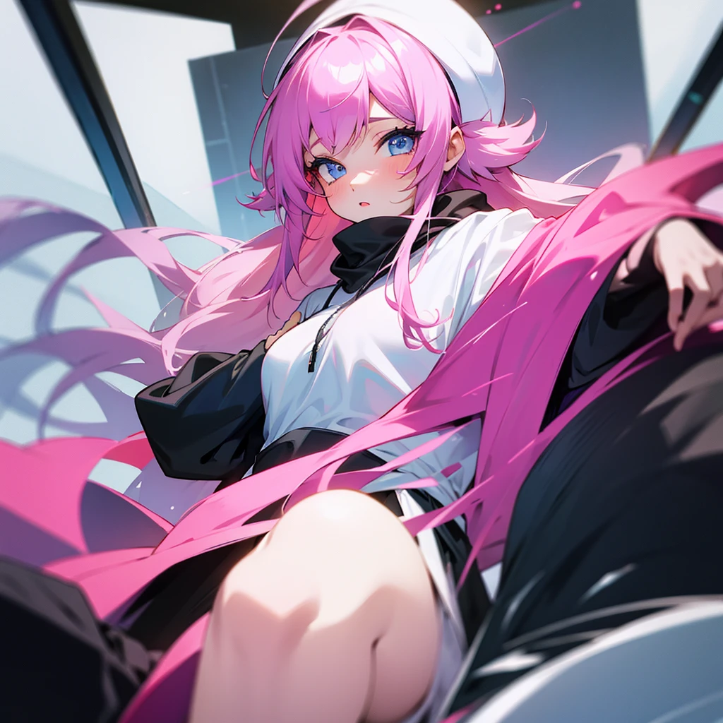 Thin and Voluptuous Girl, with pastel pink hair, with black hooded sweatshirt, She looks like she hasn't slept in days with dark circles under her eyes.. She is in a classroom