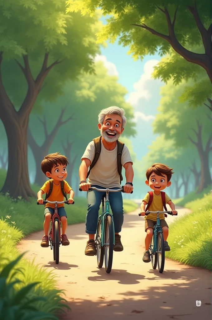 3 boys of different ages riding bikes with their father