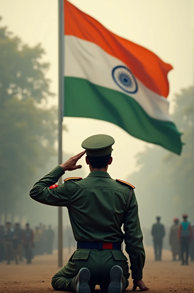 An indian soldier kneeling down saluting his flag with his hand touching his head point of view back side