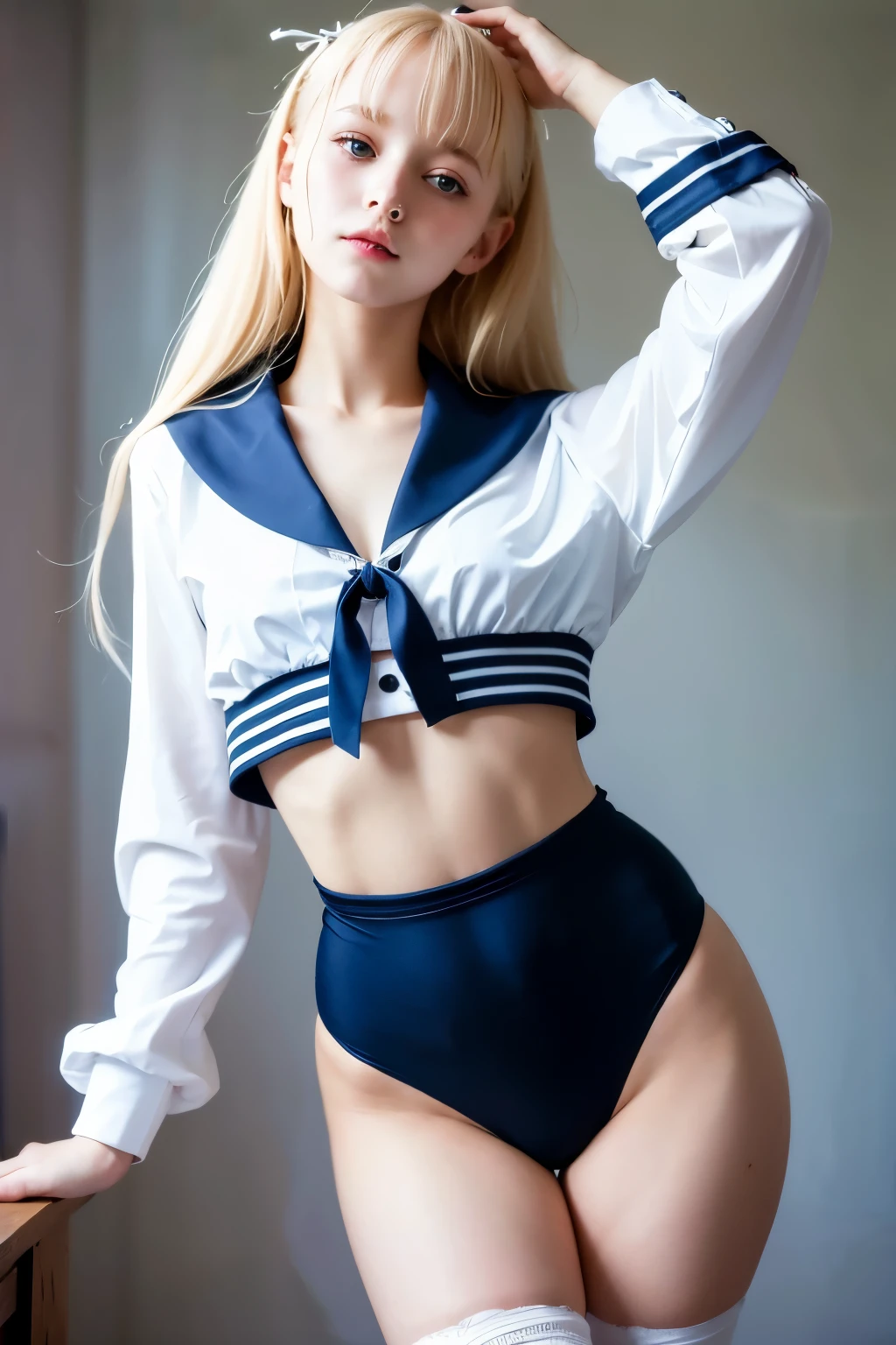 ((Highest quality)), ((masterpiece)), (detailed), One Girl, Sexy sailor uniform exposing the navel 12 years old, Innocent beautiful German girl, Lolita-like features and ankle-length platinum blonde hair slim Dancing