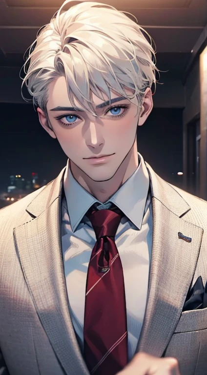 (Highest quality,4K,8K,High resolution,masterpiece:1.2),Super detailed,(Realistic,photoRealistic,photo-Realistic:1.37),1 person,31 years old,Mature Men,Beautiful skin、very handsome,Expressionless,smile,Short white hair,blue eyes,Sharp Eyes,A perfect face without a doubt,Businessman,Office Background,Cinema Lighting,HDR image,tie、