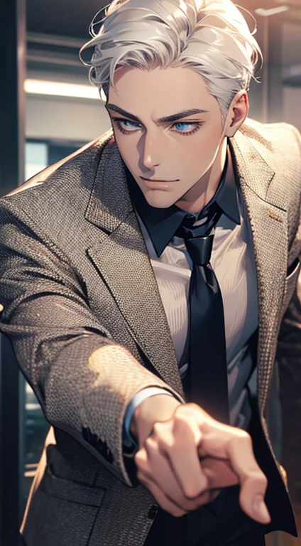 (Highest quality,4K,8K,High resolution,masterpiece:1.2),Super detailed,(Realistic,photoRealistic,photo-Realistic:1.37),1 person,31 years old,Mature Men,Beautiful skin、very handsome,Expressionless,smile,Short white hair,blue eyes,Sharp Eyes,A perfect face without a doubt,Businessman,Office Background,Cinema Lighting,HDR image,tie、