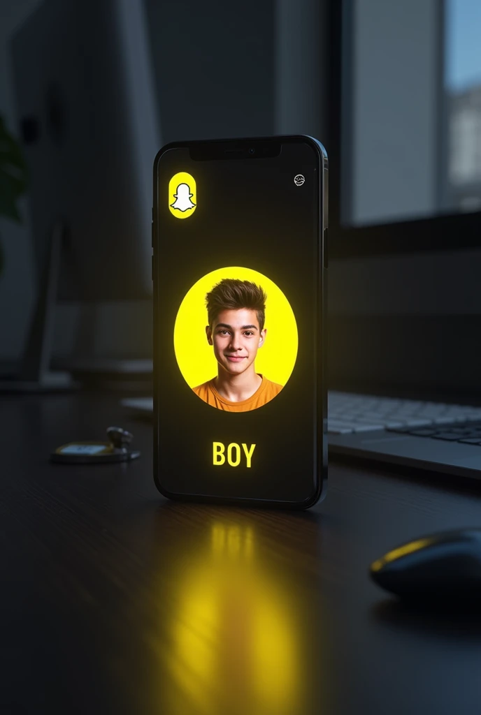 create a snapchat profile on glass id card on a black desk displaying snapchat logo and realistic profile photo of a age boy in circle and "BOY" is written in bold fonts under the profile photo, the snapchat card is glowing in yellow color on the edge.