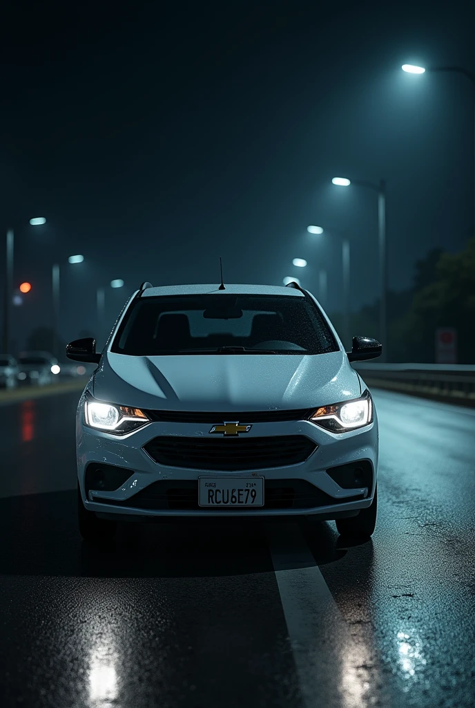 A white Chevrolet Onix model 2020 hatchback Brazilian model with a broken front on a highway at night with license plate RCU6E79 A photo from 15 meters away with other cars nearby Make a very realistic image