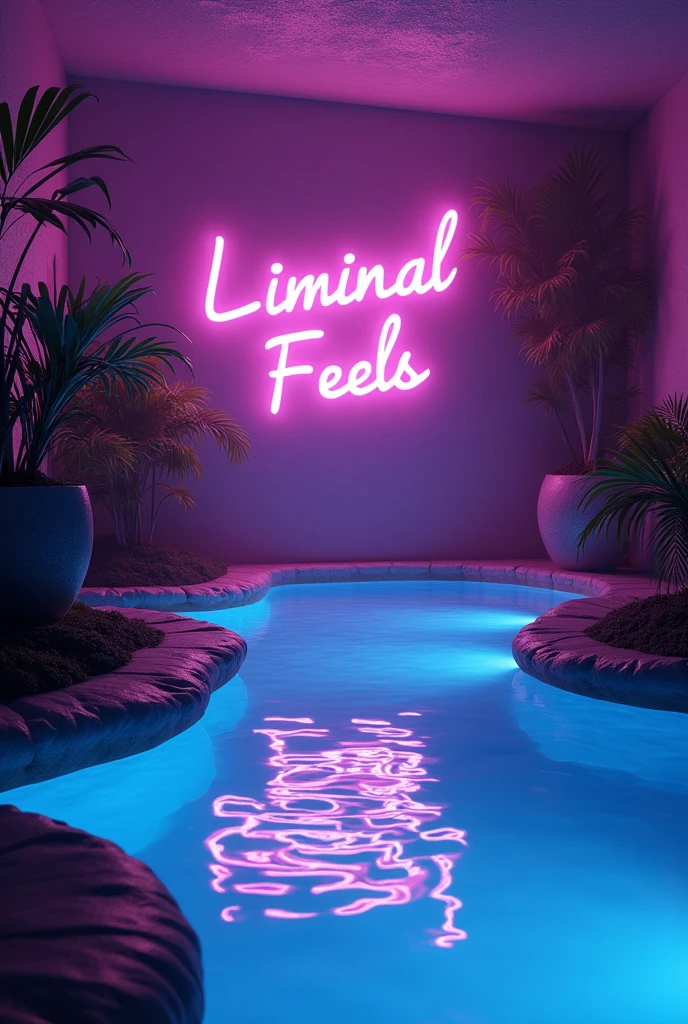  liminal space, with pools and purple and pink lights, and with some plants Written "Liminal Feels" with a font that looks somewhat nostalgic, like some old windows xp font
