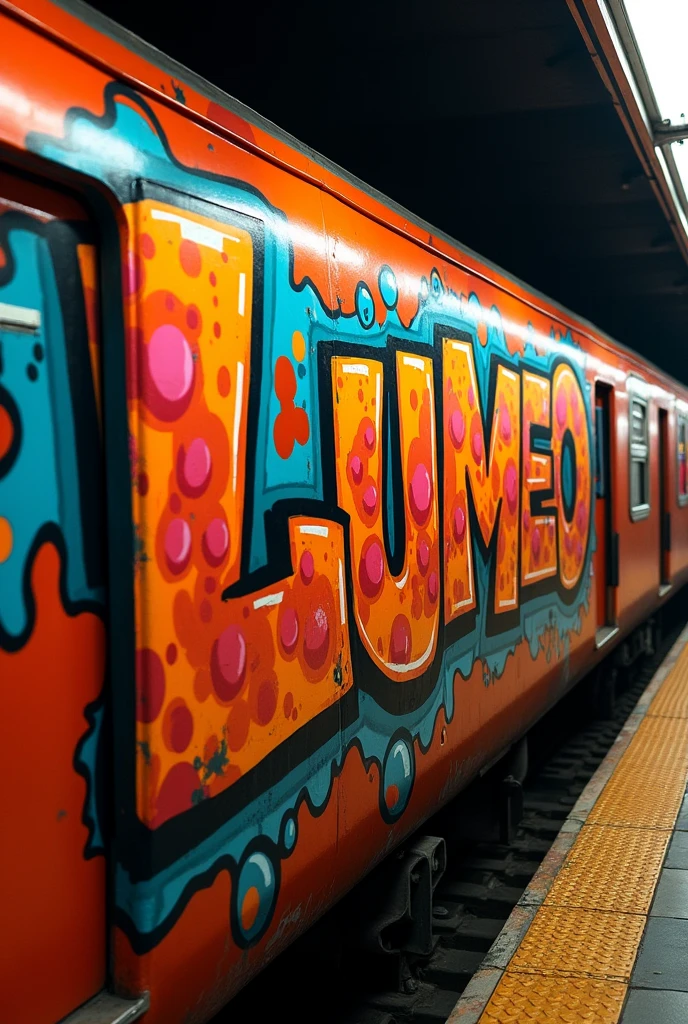 Graffiti on exterior panels of mexico city subway train, the subway train in orange color with hard to read wildstyle letters, the graffiti letters says LUMEO