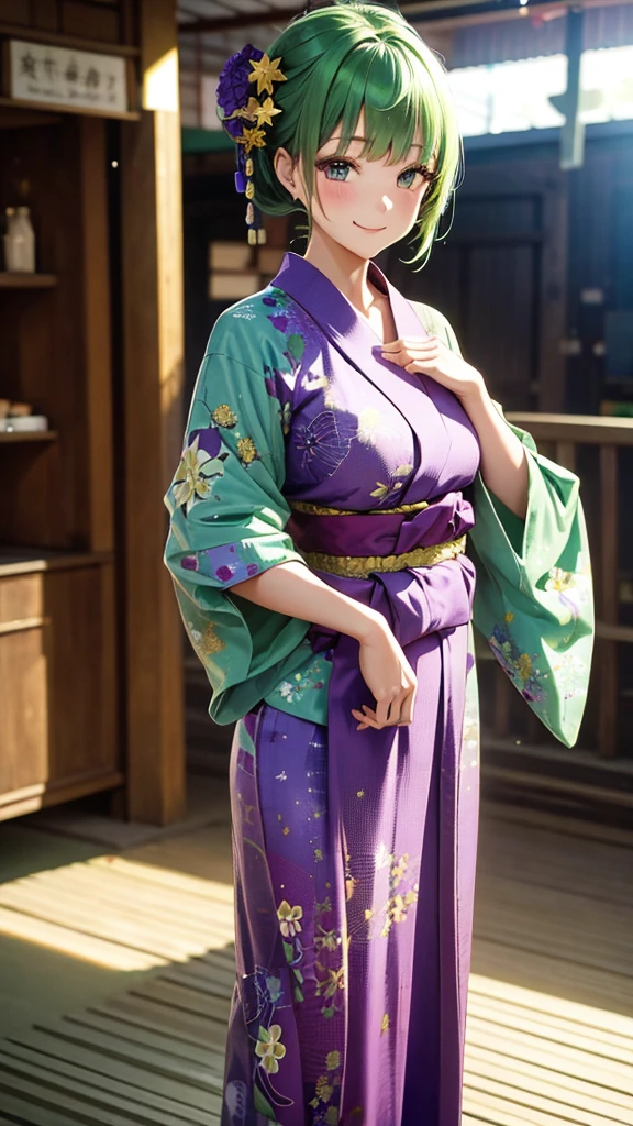 girl, green hair, flower detail in her hair, violet yukata with gold details, deep neckline, Japanese fair background, fair stall, cinematic lighting, happy expression, high definition, American flat style photography, poses with a youthful gesture.