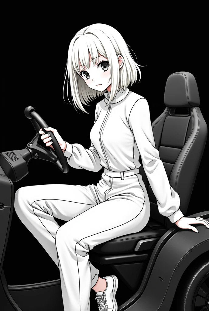White pen on a black background。
No grey, just black and white。
A girl with white hair wearing a jumpsuit。
Anime-style hair is medium length。
The color of the jumper is white。
Driver on the right、Holding a monkey wrench in his left hand。