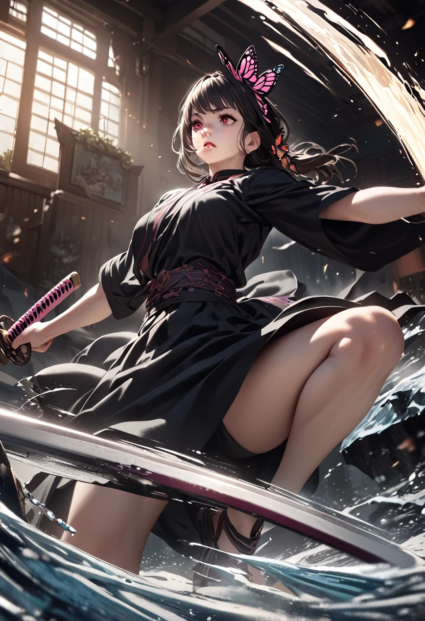 a girl in a black long dress,Butterfly hair ornament on head,Tie your hair in one place、 fighting with a pink Katana, detailed thighs, one red eye, background with flowers, ice, and a dark japanesecastle, anxious expression, one leg raised,She is ,attacking, best quality, 4K, 8k, highres, masterpiece:1.2, ultra-detailed, realistic, photorealistic, photo-realistic:1.37, HDR, uhd, studio lighting, ultra-fine painting, sharp focus, physically-based rendering, extreme detail description, professional, vivid colors, bokeh, concept art