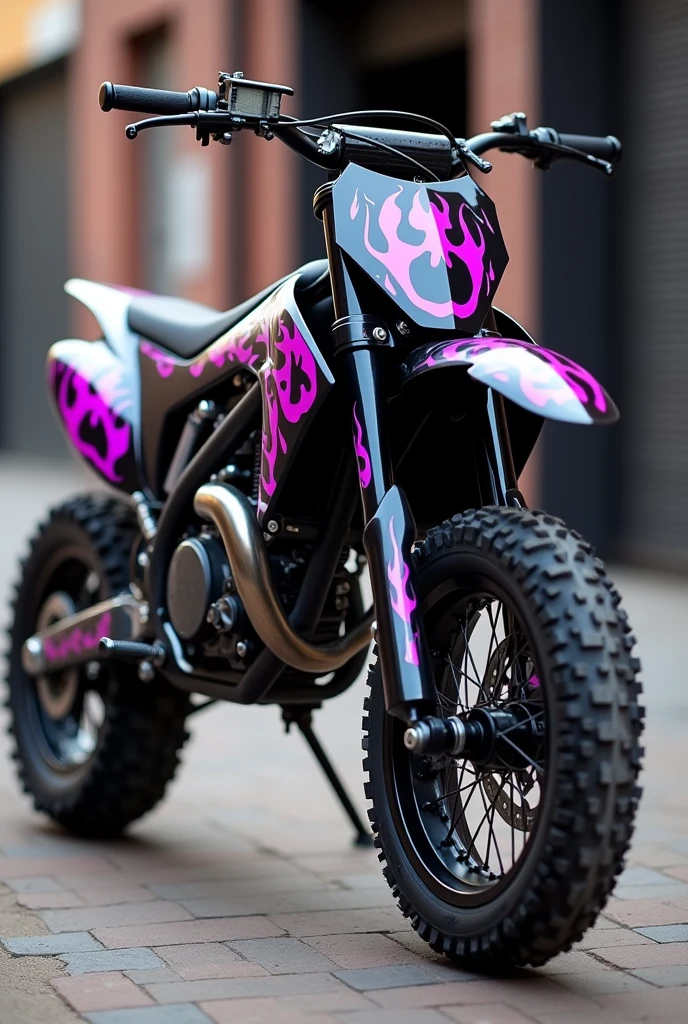 Black pit bike with purple flame stickers visible from the side