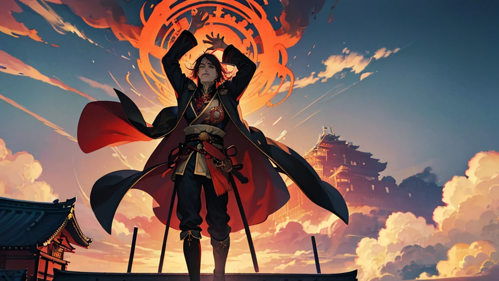 A dramatic, powerful scene depicting Oda Nobunaga raising his arms to the sky in a victorious stance. He is standing atop a grand, elevated platform, overlooking a sprawling cityscape of Kyoto in the background. Nobunaga is dressed in elaborate samurai armor, with a distinctive, fierce expression on his face. Above him, a dramatic sky with dark, swirling clouds accentuates the intense mood. A glowing, ethereal aura surrounds him, symbolizing his self-proclaimed title of "The Sixth Day Demon King" (Sixth Heaven Demon King). The atmosphere conveys a sense of awe and intimidation, showcasing Nobunaga's assertion of authority and dominance.