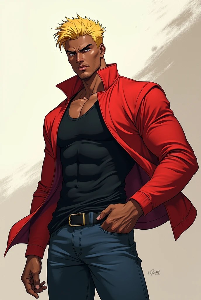 Full-body anime drawing、Dark skinned、Full-body portrait of a slim, muscular blonde man in a tank top and red jacket