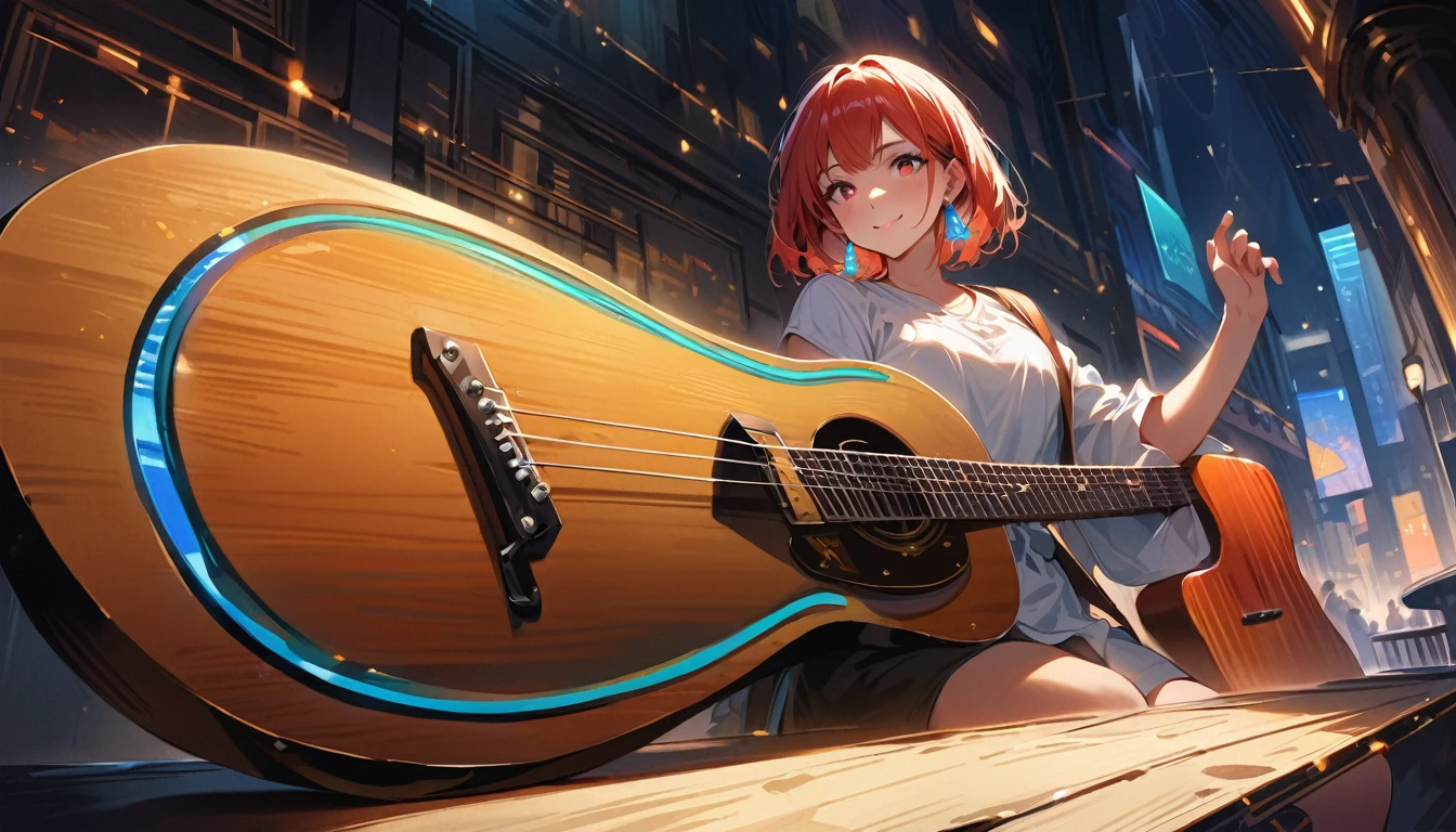(Highest quality,4K,8k,High resolution,masterpiece:1.2),Very detailed,Realistic,Transparent guitar sculpture,night,Sunlight reflecting off a guitar,Body Details,Delicate strings,Vibrant color palette,Sculpting Tools,Hourglass Shape,Sound hole,Elegant Curves,Polished surface,Delicate carving,Light and shadow effects,Subtle reflection,Sparkling Surface,A girl sitting on a chair,18 years old child、Harmony between nature and art,Perfect craftsmanship,Transcendental beauty,Awe-inspiring works of art、Outdoor、short hair、Earrings、White shirt、Great smile、Cafe