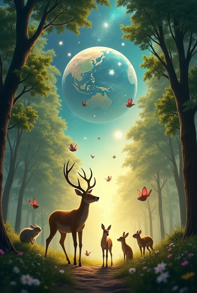 Create a 25-second video that begins with a lush, green forest bathed in soft, golden sunlight. As the camera moves through the trees, animals like deer, birds, and rabbits appear, interacting peacefully in this serene environment. Suddenly, the scene begins to shift, and the trees and animals start to float upward as if gravity has reversed. The forest seamlessly transitions into a breathtaking view of outer space, with the animals now floating among the stars and planets. The camera continues to pan, revealing a cosmic dance between the Earth and other celestial bodies, while the animals are gently orbiting around them, creating a surreal and magical atmosphere. The background features swirling galaxies and distant nebulae, casting a mesmerizing, otherworldly glow.