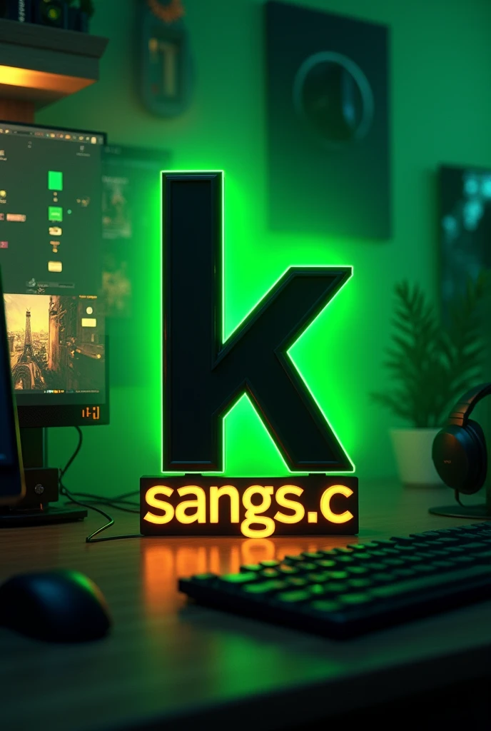 I want the letter k to be green with a black border. I also want it to have a gamer setup behind the letter above it that takes up eighty percent of the image and I want the background to be green with gold and black. I want you to name it sangs._c below the ky that the name is filled in green and bordered with black and has a golden shadow and you put 8.PM