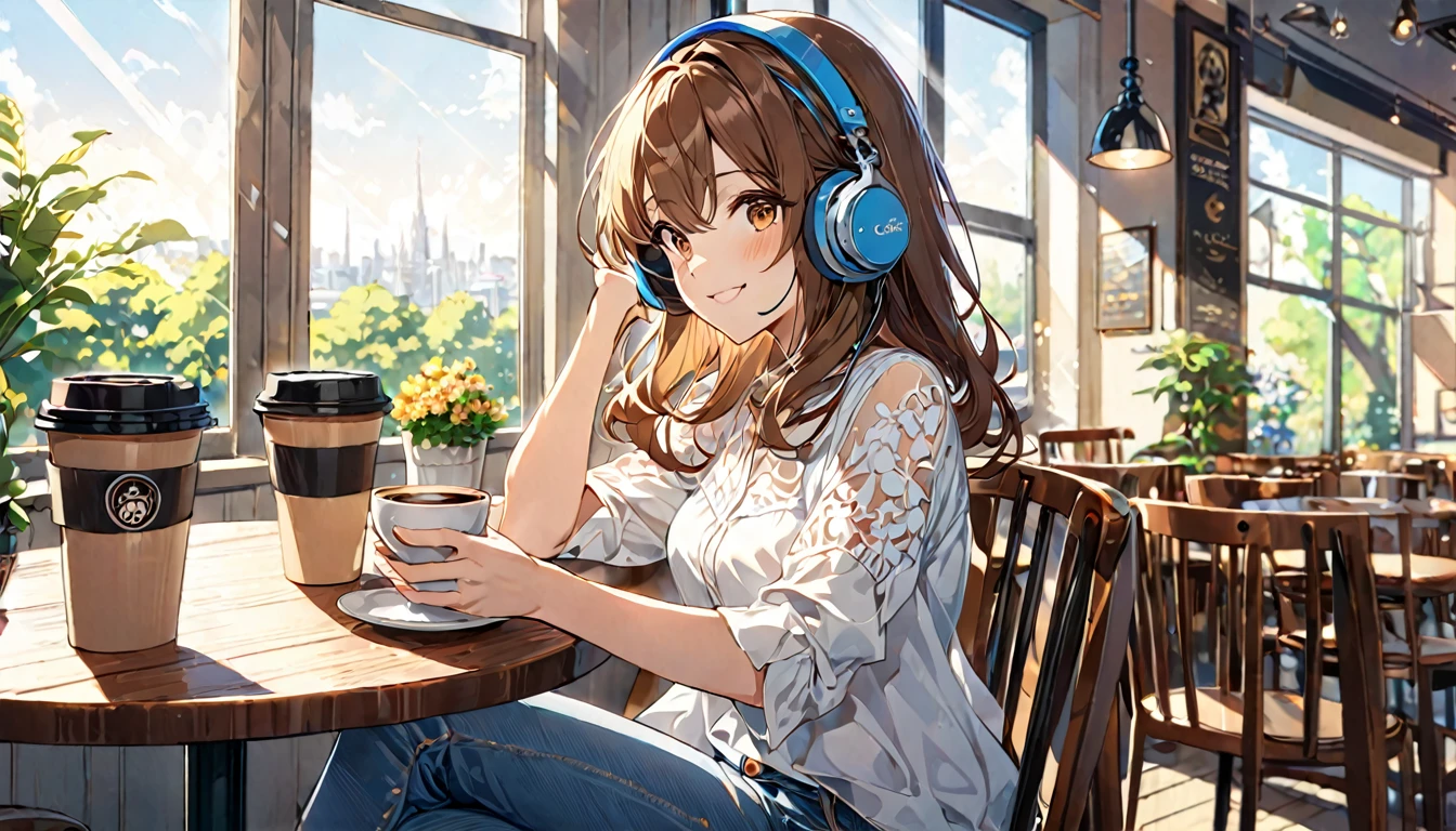(Brown-haired girl wearing headphones), (Enjoy a coffee at a café), (Very detailed, masterpiece, Highest quality, bright), (Anime Style)
background: Calm cafe interior look: Calm and relaxed smiling outfit: Casual white blouse and denim pants pose: Holding a coffee cup in both hands、Scene of sitting comfortably in a chair: Soft morning light coming in through the window
