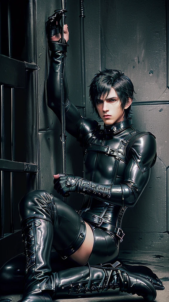 ((Final Fantasy taste reality graphics)), ((young, cute and cool ikemen boy)),,,his age is early 20s, thin eyebrows and beady eyes, ((he is wearing black shiny thin and coverall latex catsuit with front zipped up)),((catsuit is long sleeve)), ((put on black shiny and coverall full finger latex glove on both hands)),((catsuit,glove and corsets is very tight-fitting)),,((black color long length leather knee-high boots)),((also put on leather corset, with many belts, girth,neck,and both wrists)),((neck collar corset is big, thick, and very long length)), ((cool atmosphere)),((dont show finger)),((boy is must no bare hands)),(((boy looking depressed ))),((all clothes is smooth taxtrue)),((boy is average height and weight medium build)),((((describe in a distant manner)))),((((boy in the prison room without windows)))),(((boy sitting on the floor, holding your knees)))