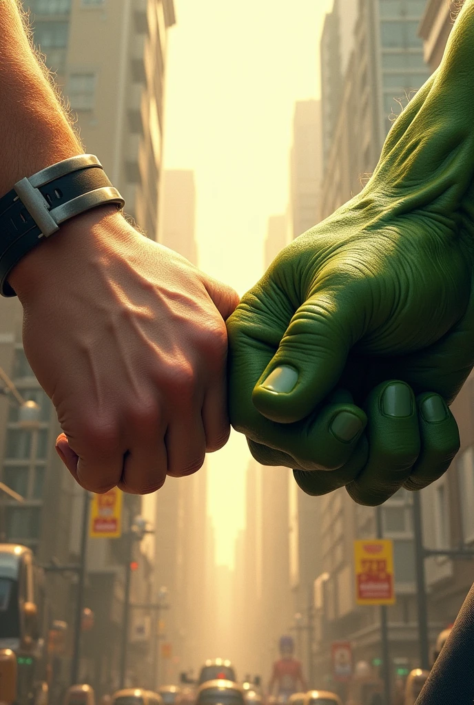 Two straight hands facing each other closed in a fist position touching each other with popai on one side of the hands and hulk on the other side because they are the character's hands