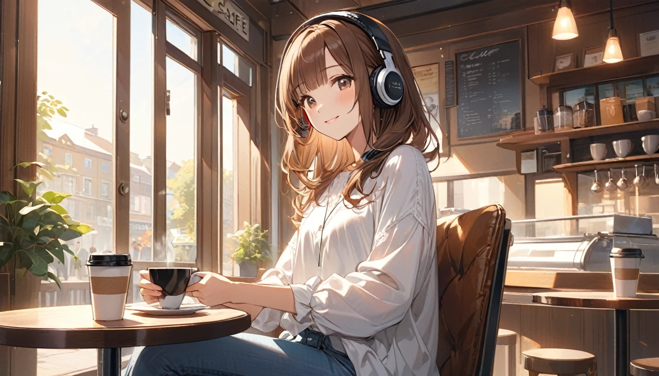 (Brown-haired girl wearing headphones), (Enjoy a coffee at a café), (Very detailed, masterpiece, Highest quality, bright), (Anime Style)
background: Calm cafe interior look: Calm and relaxed smiling outfit: Casual white blouse and denim pants pose: Holding a coffee cup in both hands、Scene of sitting comfortably in a chair: Soft morning light coming in through the window