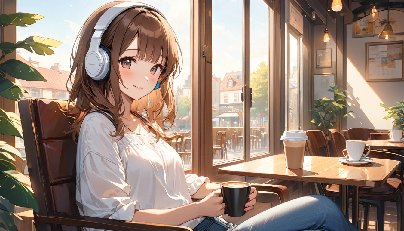 (Brown-haired girl wearing headphones), (Enjoy a coffee at a café), (Very detailed, masterpiece, Highest quality, bright), (Anime Style)
background: Calm cafe interior look: Calm and relaxed smiling outfit: Casual white blouse and denim pants pose: Holding a coffee cup in both hands、Scene of sitting comfortably in a chair: Soft morning light coming in through the window

