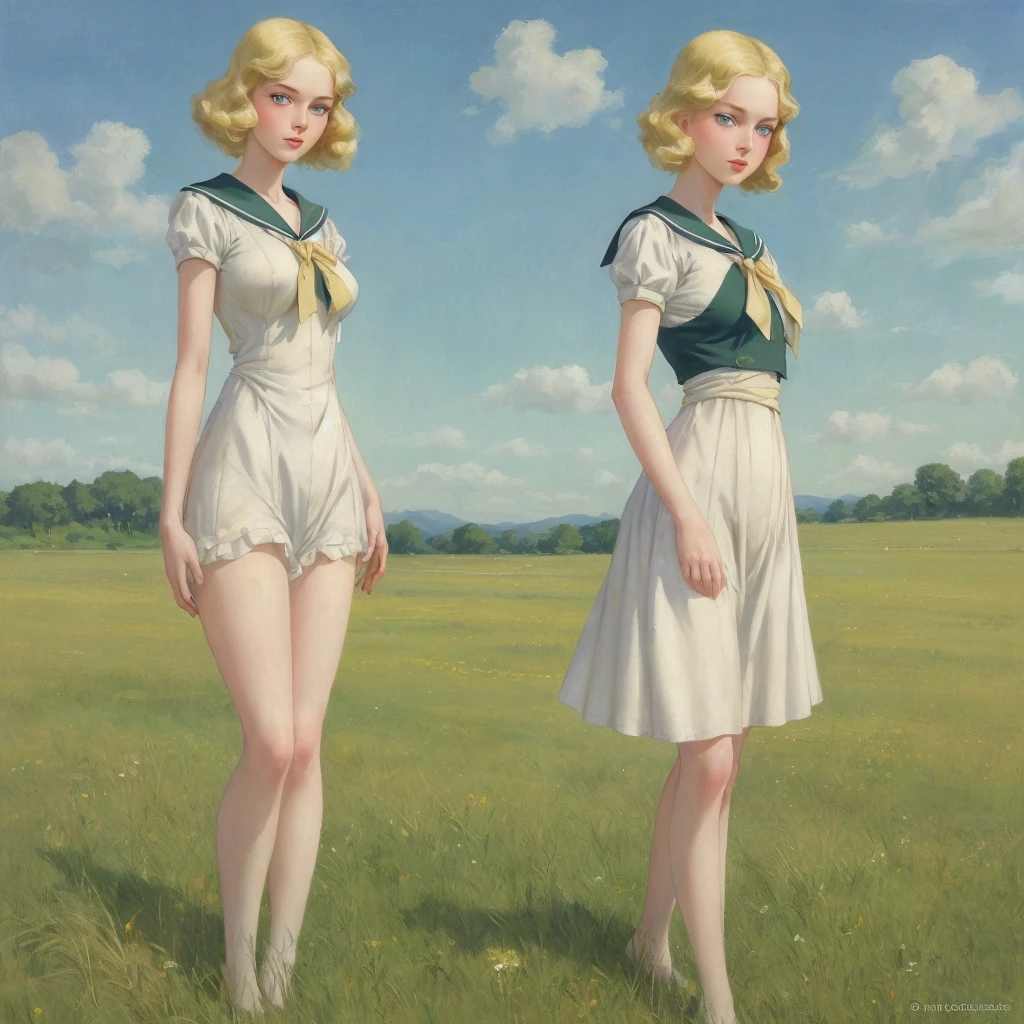 girl, 3個girl, blond, Green eyes, 1930s European style, high quality, full-body shot, , Big breasts, Long legs and height 170 , Sailor Suit, Standing on the grassland with waist exposed, blue sky , delicate eyes, Delicate lips, Extremely detailed face, long eyelashes, Elegant, beautiful, beauty, charming, Exquisite, Realism, 8k, best quality, masterpiece, Endless grassland
