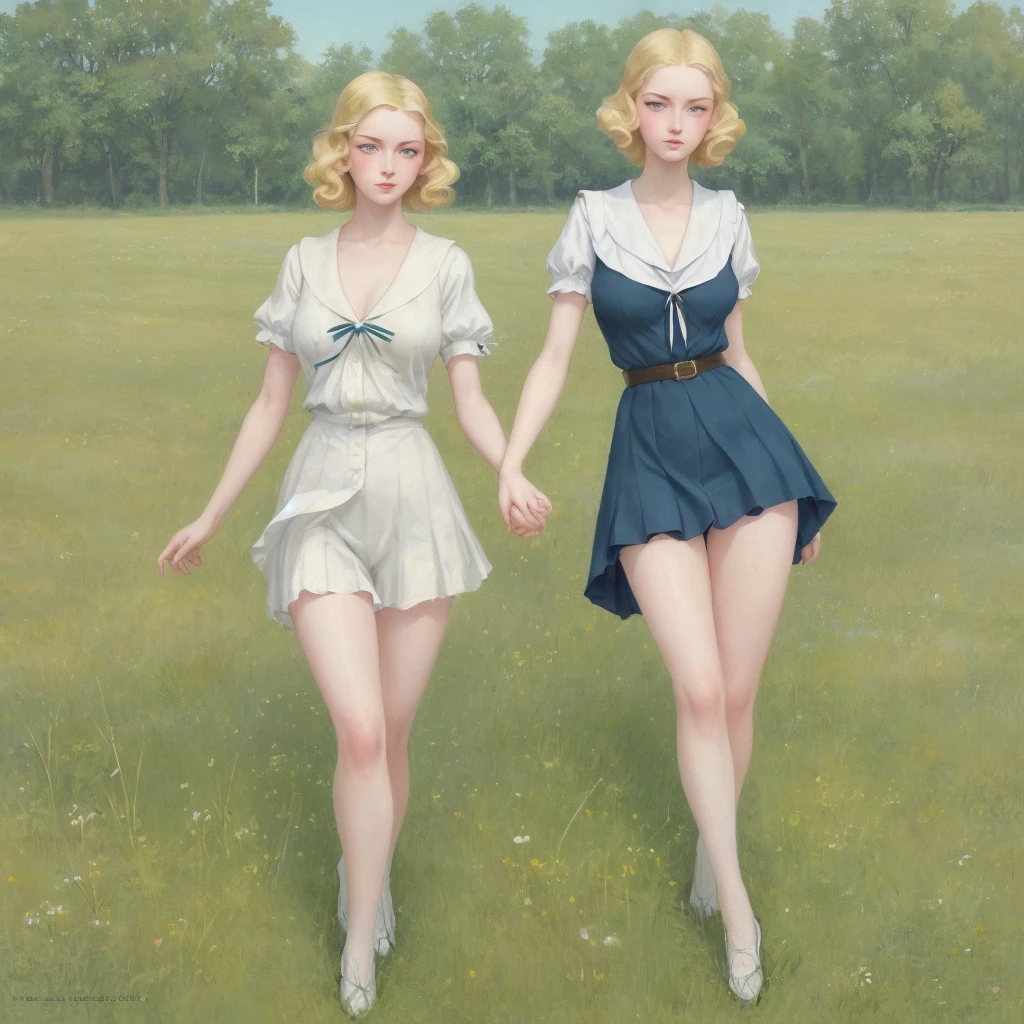 girl, 3個girl, blond, Green eyes, 1930s European style, high quality, full-body shot, , Big breasts, Long legs and height 170 , Sailor Suit, Standing on the grassland with waist exposed, blue sky , delicate eyes, Delicate lips, Extremely detailed face, long eyelashes, Elegant, beautiful, beauty, charming, Exquisite, Realism, 8k, best quality, masterpiece, Endless grassland