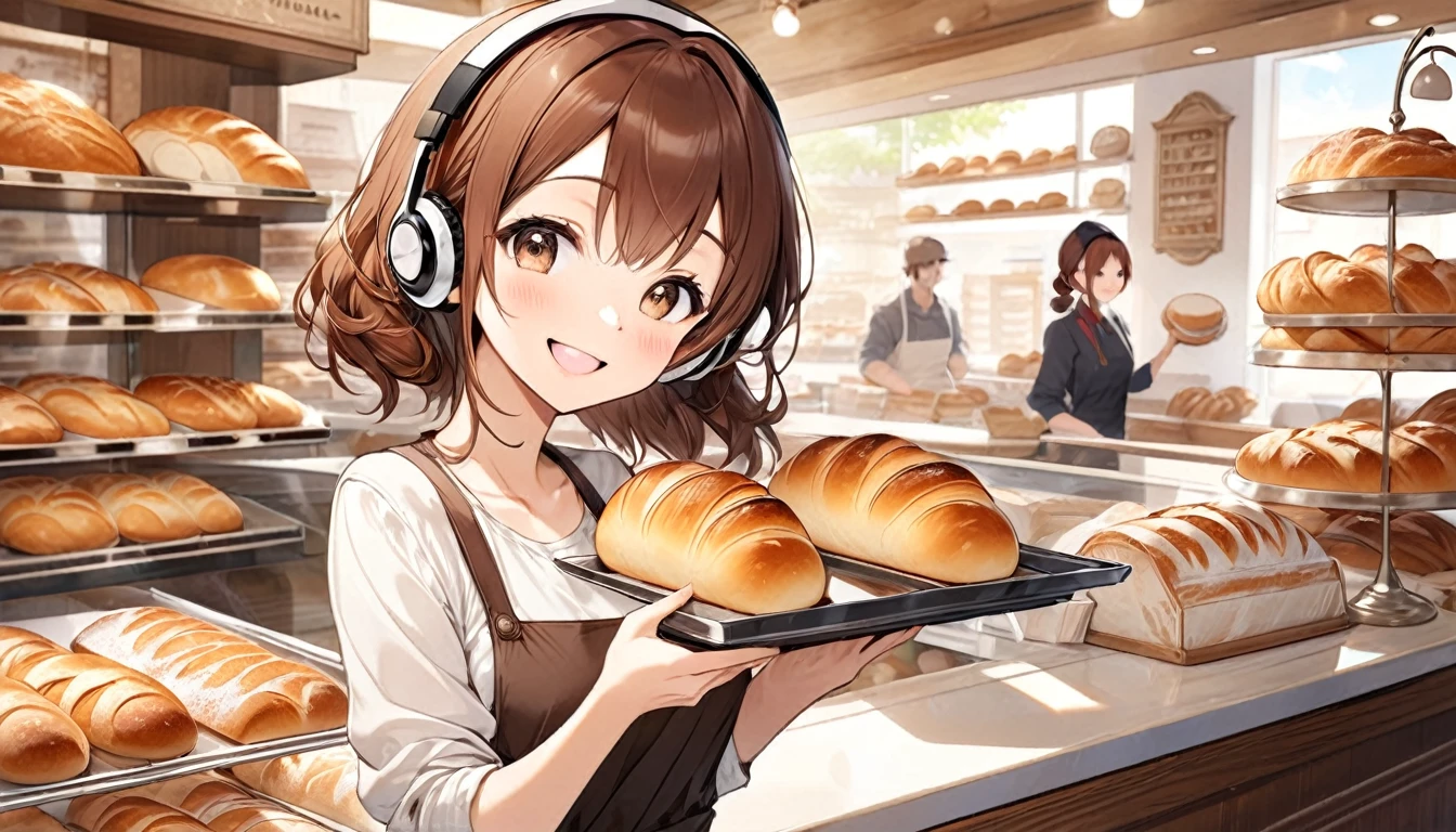 (Brown-haired girl wearing headphones), (Choose freshly baked bread at the bakery), (Very detailed, masterpiece, Highest quality, bright), (Anime Style)
background: A warm expression on the counter of a bakery: Happy smiling costume: Simple casual one piece pose: Hold the tray in one hand、Scene of choosing bread: The aroma of freshly baked bread fills the air inside the store.
