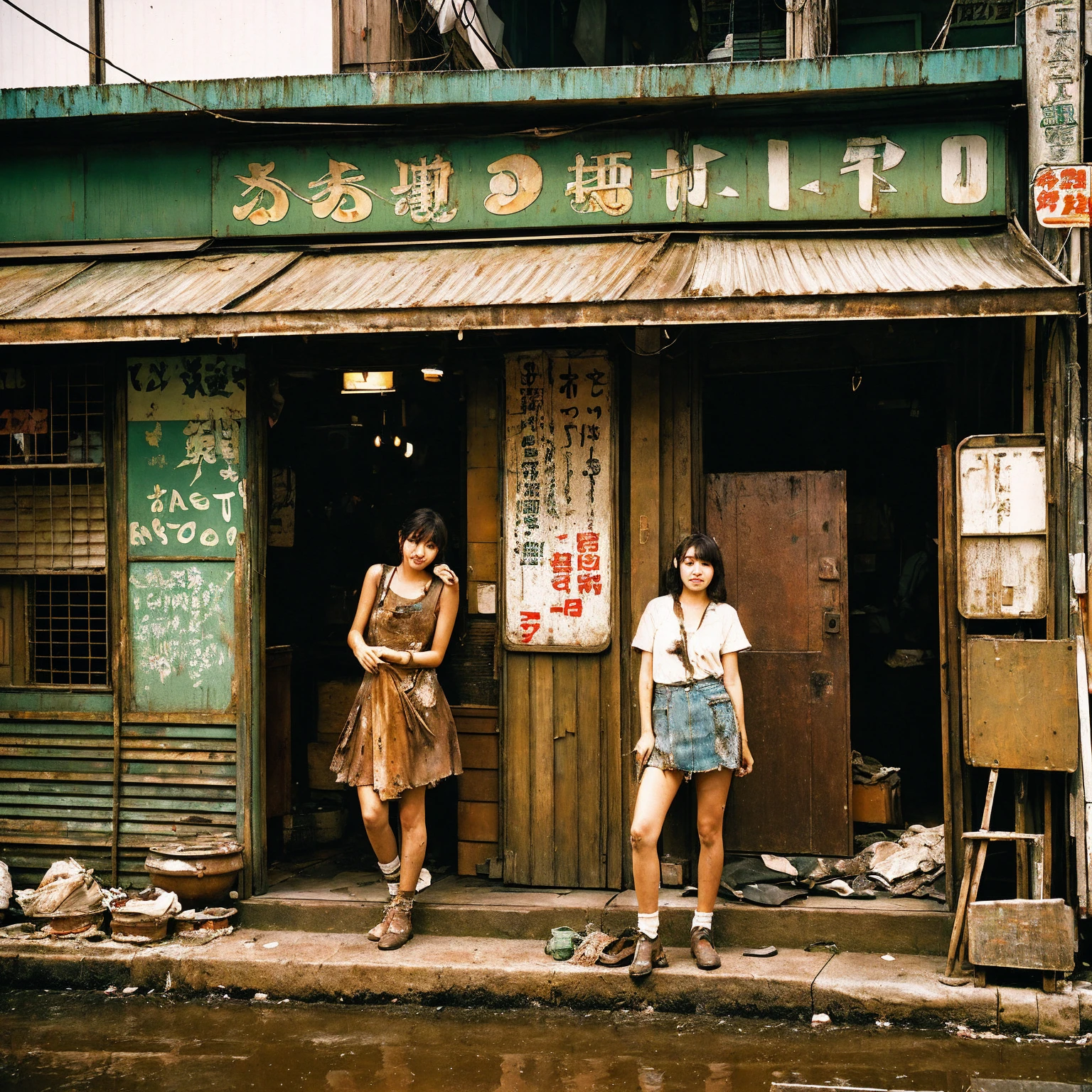 ((masterpiece、Highest quality))、Poor conditions、Japan 1970s, Dirty Standing Tavern、Old and dirty store, Unsanitary and dirty downtown Tokyo, Japan Streets, Cute girl working at the store、Poor workers、Rusted corrugated iron, Unhygienic restaurant