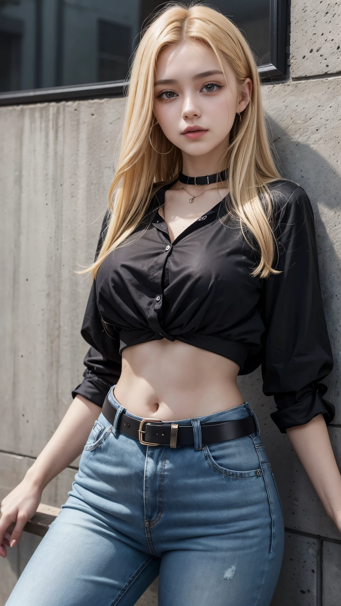 Beautiful 20-year-old girl with dark yellow hair wearing a black blouse and high-waisted jeans with a belt showing her belly button