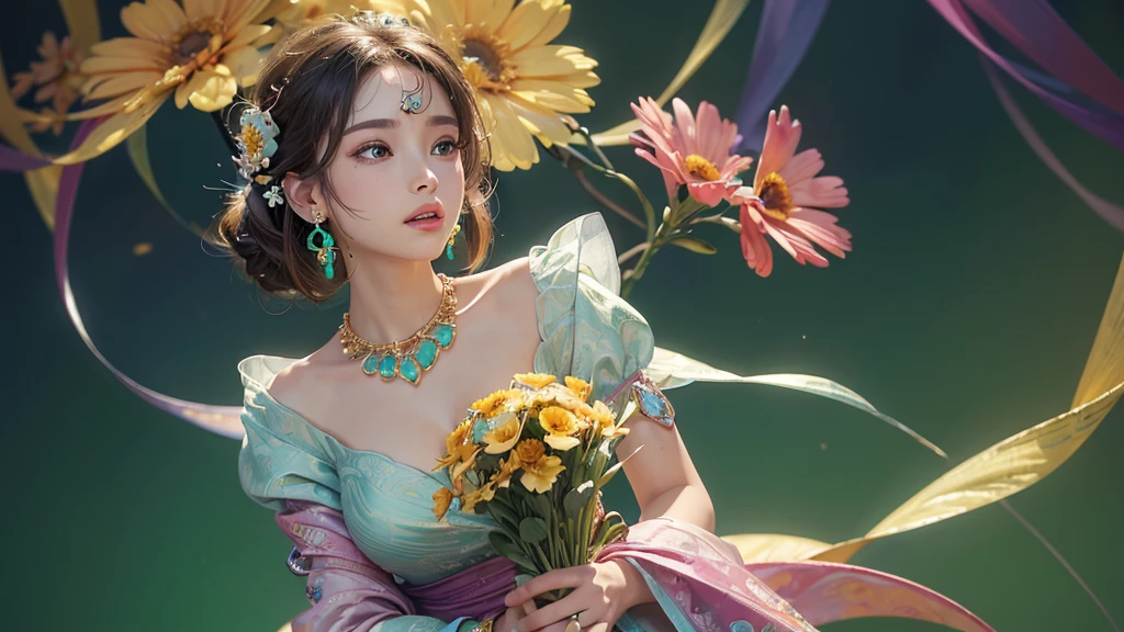 32K, 最高quality, 最高masterpiece, (ultra-Detailed Background, Detailed Background), High resolution, Super detailed, Very detailedな, One girl, (bouquet:1.3), (Tangled:1.2), (Geometric:1.2),(colorful),(masterpiece, quality, best quality, Official Art, Beautiful and beautiful:1.2), (1 girl:1.3), Very detailed,(colorful:1.1)(Flowers:1.3),Most detailed,(Tangled:1.2), whole body, (Abstract background:1.3), (Skin glows), (Many colors:1.4), ,(Earrings Jewelry:1.5), Light green background,