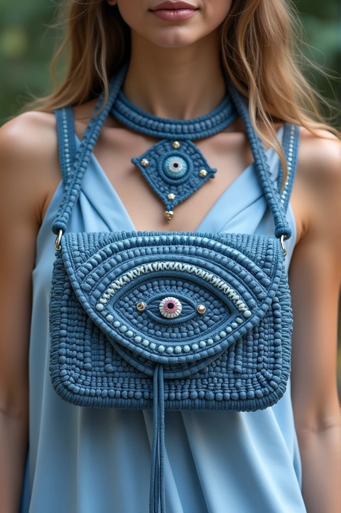 I want you to make me a choker purse with macramé thread with the Turkish eye theme and for the purse to be blue.