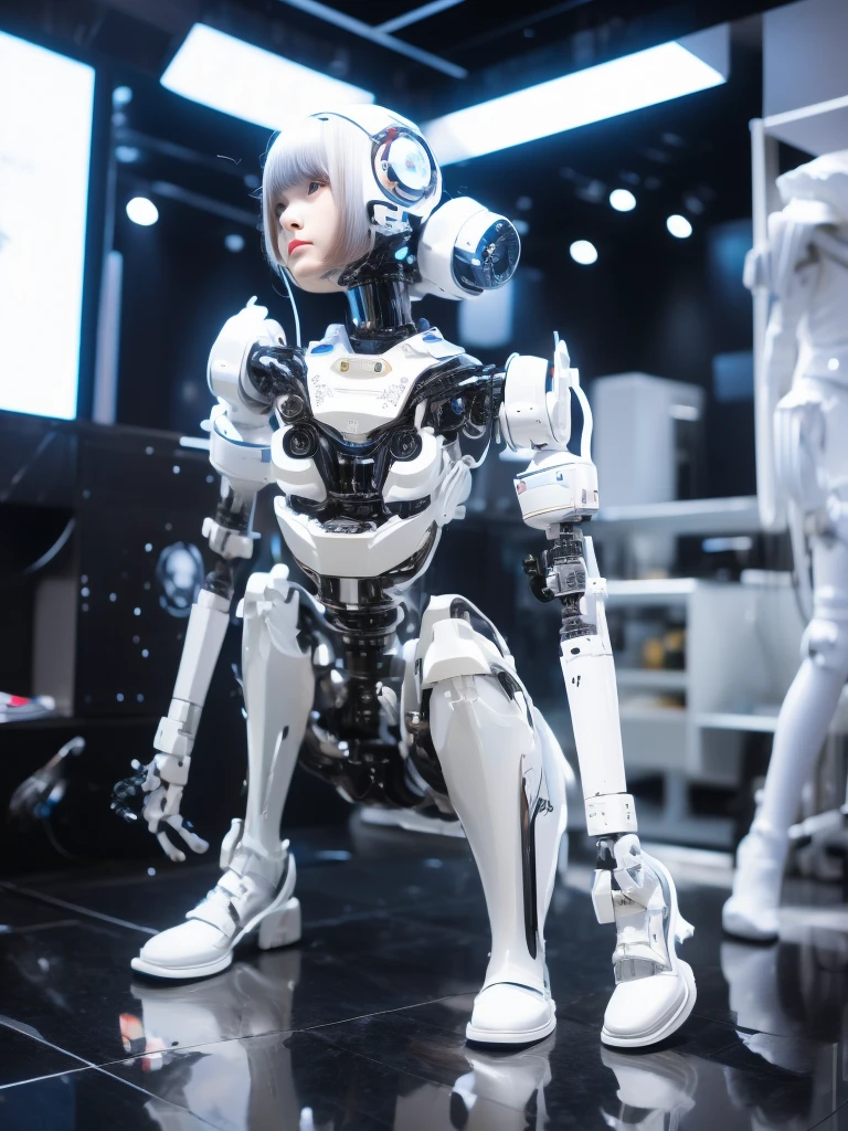 masterpiece, Highest quality, Very detailed,Japanese anドロイド woman,Plump ,Control panel,Activation,Android,Mechanical Hand,Robotic arms and legs, White Robot Parts,Black Hair,Dark black knee-high socks,Black sponge joint,Blunt bangs,White robot body,Ceramic body,Jockey Boots,Perfect Cyborg Girl,Squat,