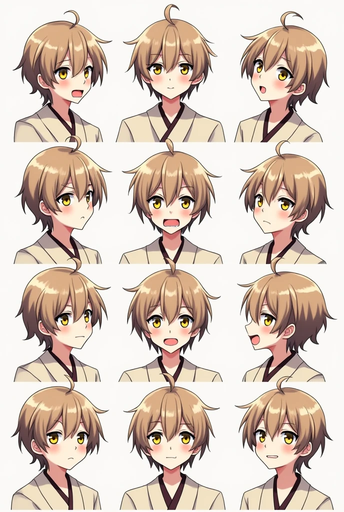 High quality illustrations, male,juvenile、猫耳juvenile, three views, Front and sides and back, Character Sheet, Character Design, Various expressions(Happy expression、Sad expression、Angry expression) 、masterpiece、(Highest quality)、((kimono))、((Makes your face smaller))、The body is slim、((Yellow Eyes))、((10 poses and facial expressions))、Anime characters