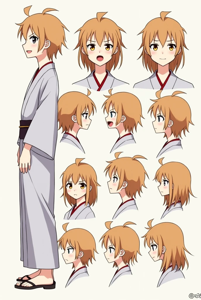 High quality illustrations, male,juvenile、猫耳juvenile, three views, Front and sides and back, Character Sheet, Character Design, Various expressions(Happy expression、Sad expression、Angry expression) 、masterpiece、(Highest quality)、((kimono))、((Makes your face smaller))、The body is slim、((Yellow Eyes))、((10 poses and facial expressions))、Anime characters