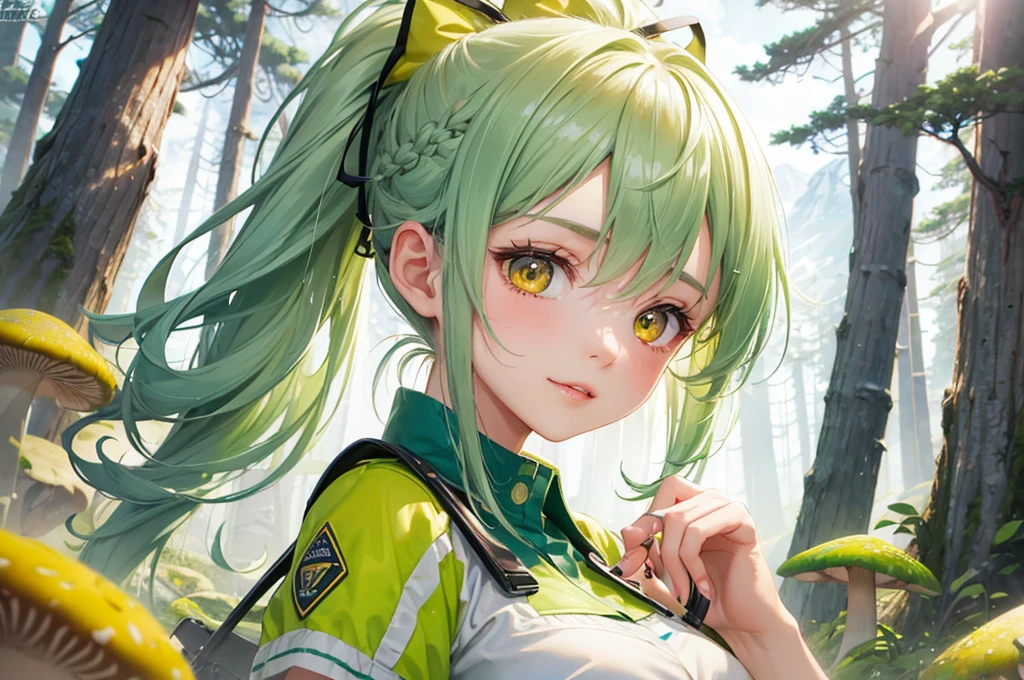 (Mountain Explorer style) (double exposure pastel color), (hand holding a detailed ecstasy brown ????? Shape mushroom), Smell the scent it, (solo:2, 15 yo) (beautiful ponytail) (beautiful pastel green hair long hair) (beautiful sexy girl) (detailed cute yellow eyes) (best smile, glossy lip) (medium tits), in a summer Speculator uniform, break, in the beautiful Pine forest, BREAK, perfect ???????, masterpiece, best quality, 16k, beautiful detailed grow, daydreaming expression.