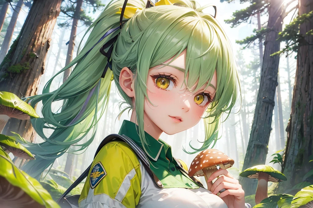 (Mountain Explorer style) (double exposure pastel color), (hand holding a detailed ecstasy brown Penis Shape mushroom), Smell the scent it, (solo:2, 15 yo) (beautiful ponytail) (beautiful pastel green hair long hair) (beautiful sexy girl) (detailed cute yellow eyes) (best smile, glossy lip) (medium tits), in a summer Speculator uniform, break, in the beautiful Pine forest, BREAK, perfect anatomy, masterpiece, best quality, 16k, beautiful detailed grow, daydreaming expression.