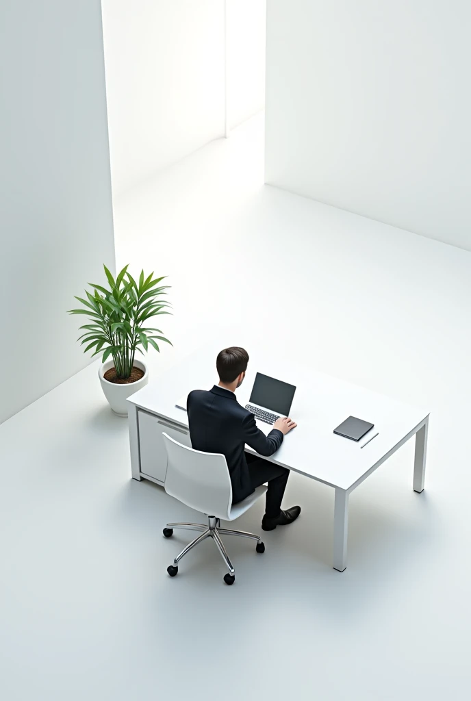 White office table with man sitting on a chair with a calculator viewed from above