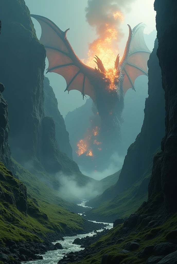 at the end of the world, beautiful, The infernal dragon emerges from the hidden valley, Go around the valley and enter the valley. 8k, amazing, Volumetric lighting