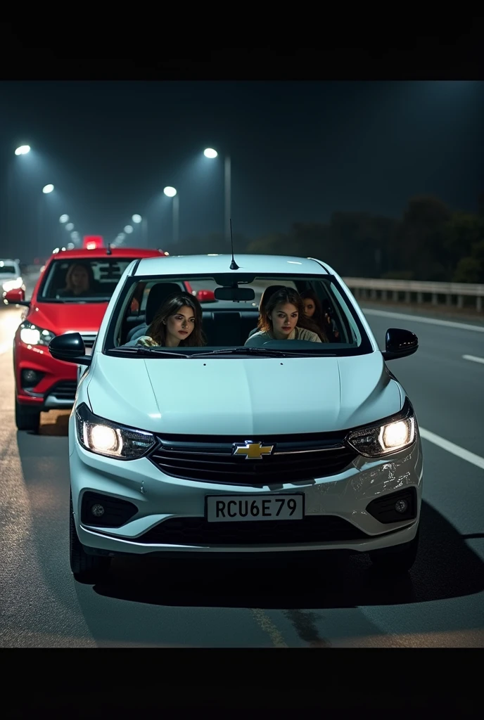 A white Chevrolet Onix model 2020 Brazilian hatchback with a broken front on a highway at night with license plate RCU6E79 A photo from 15 meters away with other cars nearby The front of the car must be crashed And there must be full of women inside the car Make a very realistic image 