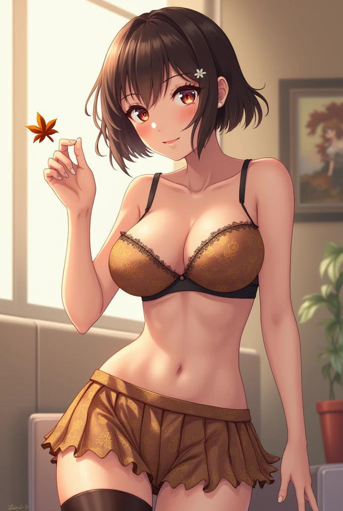 anime style, chica con short hair, short hair, brown leaves, White skin, tight bra, mini skirt, tight stockings