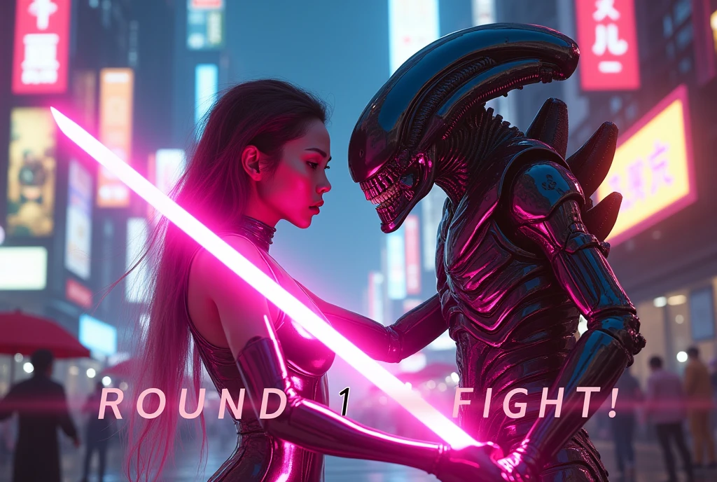 Lucy Liu in a scifi sexy battle suit (pink chrome) wielding a light sword (pink), bubblegum hair, streets of Bangkok challenging an Alien Xenomorph 'ROUND 1 FIGHT!' written in large letters along the bottom of the screen (Alert: only one light sword, only one light sword blade)
