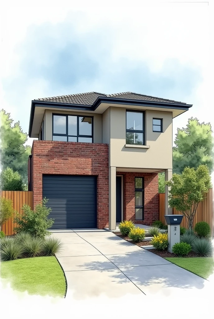 2 modern style 2 storey duplex house in Dundas velley in NSW Australia, ceacreat a archictural well design artist expression drawing. light coulour in Facade, front yards with low maintianence lanscaping, , frontage demion 15meter, single garage. drawing style with watercolour style. 