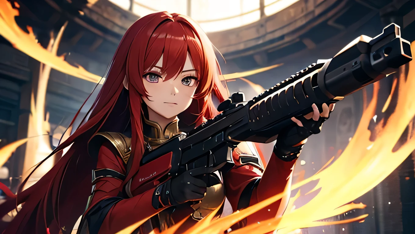Ultra detailed, 4K, HD, FHD, Fantasy, detiled face, dynasty, anime girl, red hair, long hair, gun, dinasty outfit.