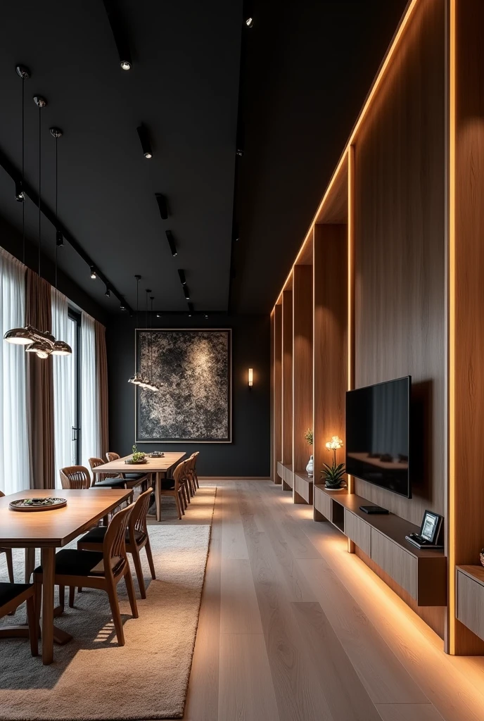An interior image of a room, dining room and kitchen in a single space in an area of 12 meters long by 2,8 meters wide with a black ceiling and wooden columns decorated with LED lights each column. The distribution of space is as follows: 
Dining room first, kitchen in the middle and at the end the living room with a TV on a 70 cm wall" and a sofa in front of the TV with 3 seats. 