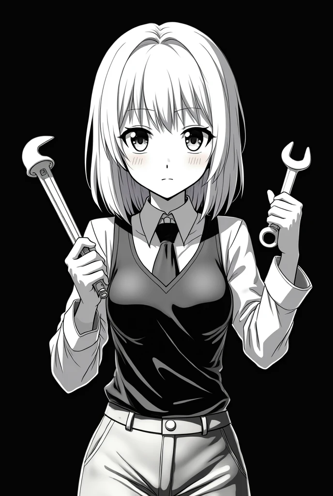 White pen on a black background。
No grey, just black and white。
White haired girl。
Anime-style hair is medium length。
A Phillips head screwdriver in his right hand、He is holding a wrench in his left hand。