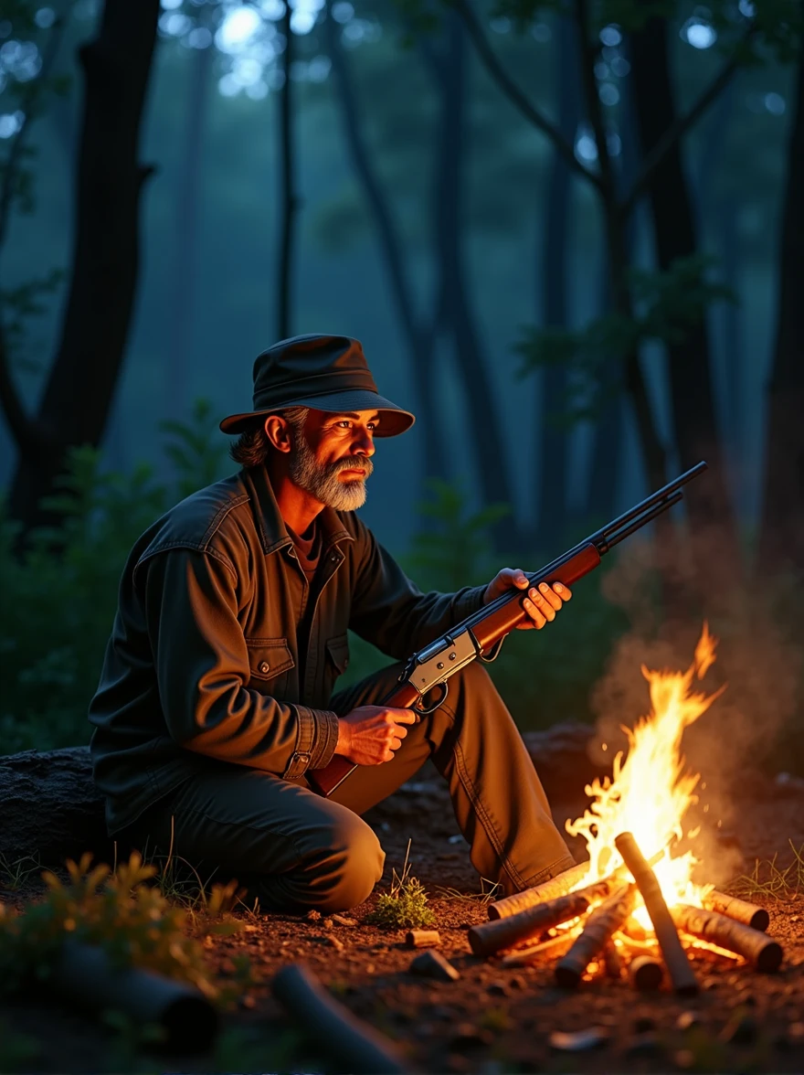 A Thai hunter sits with a gun in front of a fire at night in the forest