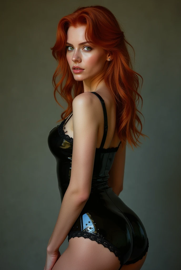 1 girl, realistic, Cutie, red head, 18+, tight, oil, shiny, very shiny, shiny, latex, latex, latex, looking back, green eyes, provocative pose, inviting