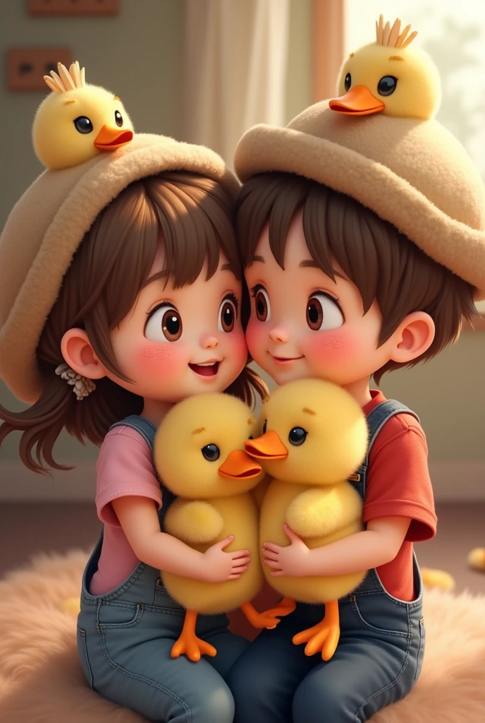 Dos niños de dos años
La niña with brown eyes, Brown hair,freckles with two small pigtails dressed in a pink t-shirt and denim overalls and a duck hat hugging a stuffed duckling The child:with brown eyes, Brown hair, dressed in a red t-shirt and denim overalls and a duck hat hugging a stuffed duckling