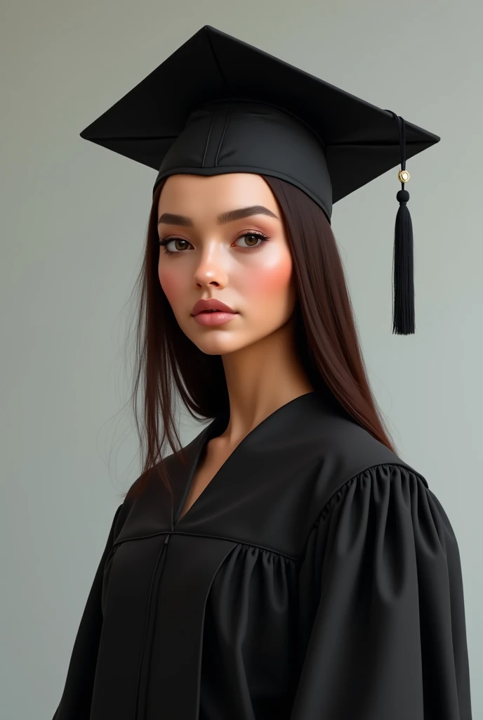 Generates a photo of a light-skinned young woman, without eyes nose, Eyebrow, boca , Oval face, straight chocolate colored hair, dressed in a black graduation cap and gown