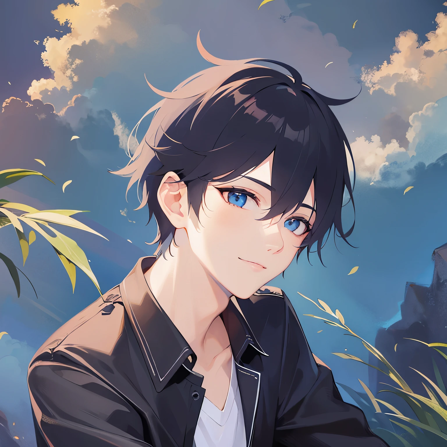 (looking away:1.5),upper body,Side shot、 shiny skin, masterpiece、Highest quality、 (25-year-old male:1.5) and (Black short hair) and (blue eyes), (black collared shirt:1.5)、 smile,park,(alone:1.5)、grass,blue sky